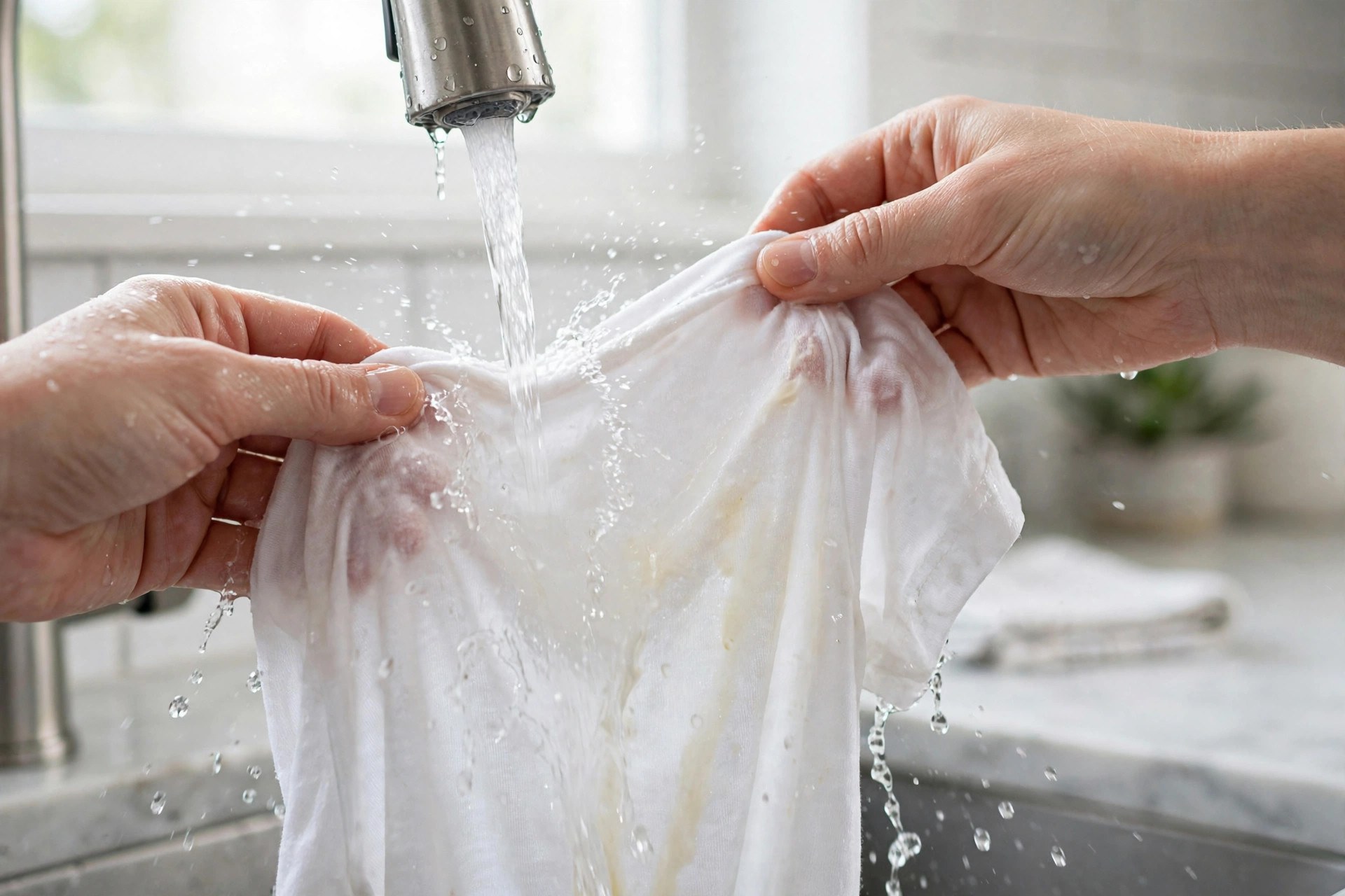 Enjuagar bajo el grifo con agua fría una mancha de helado de chocolate en una camiseta blanca, primer paso para quitar manchas de helado de la ropa