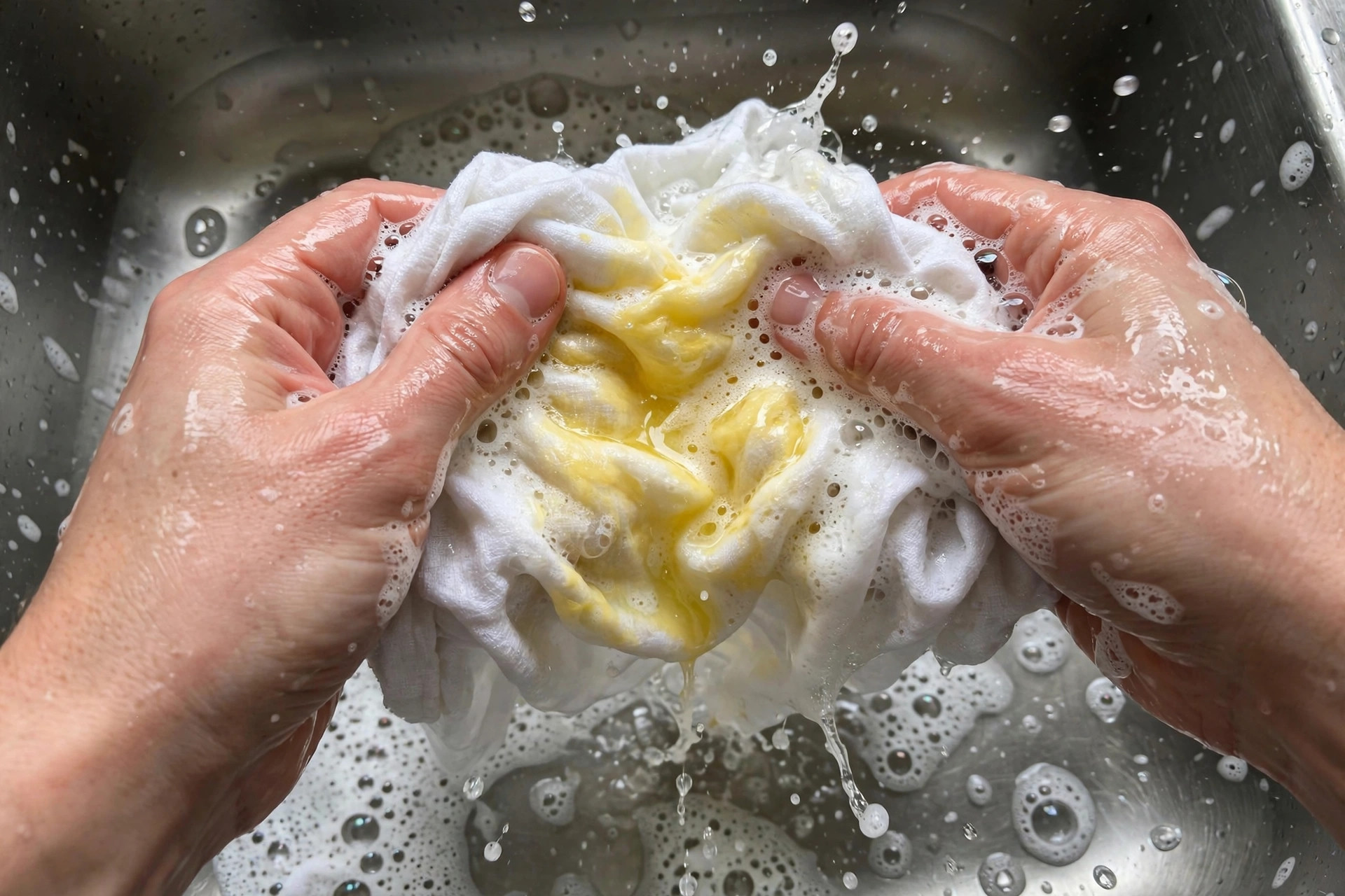 Frotar lavavajillas con los dedos sobre una mancha de mantequilla en tela blanca dentro del fregadero, método para quitar manchas de mantequilla de la ropa