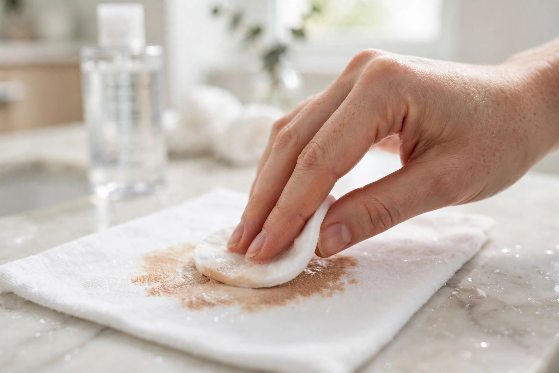 Limpiar una mancha de base de maquillaje con agua micelar y un paño