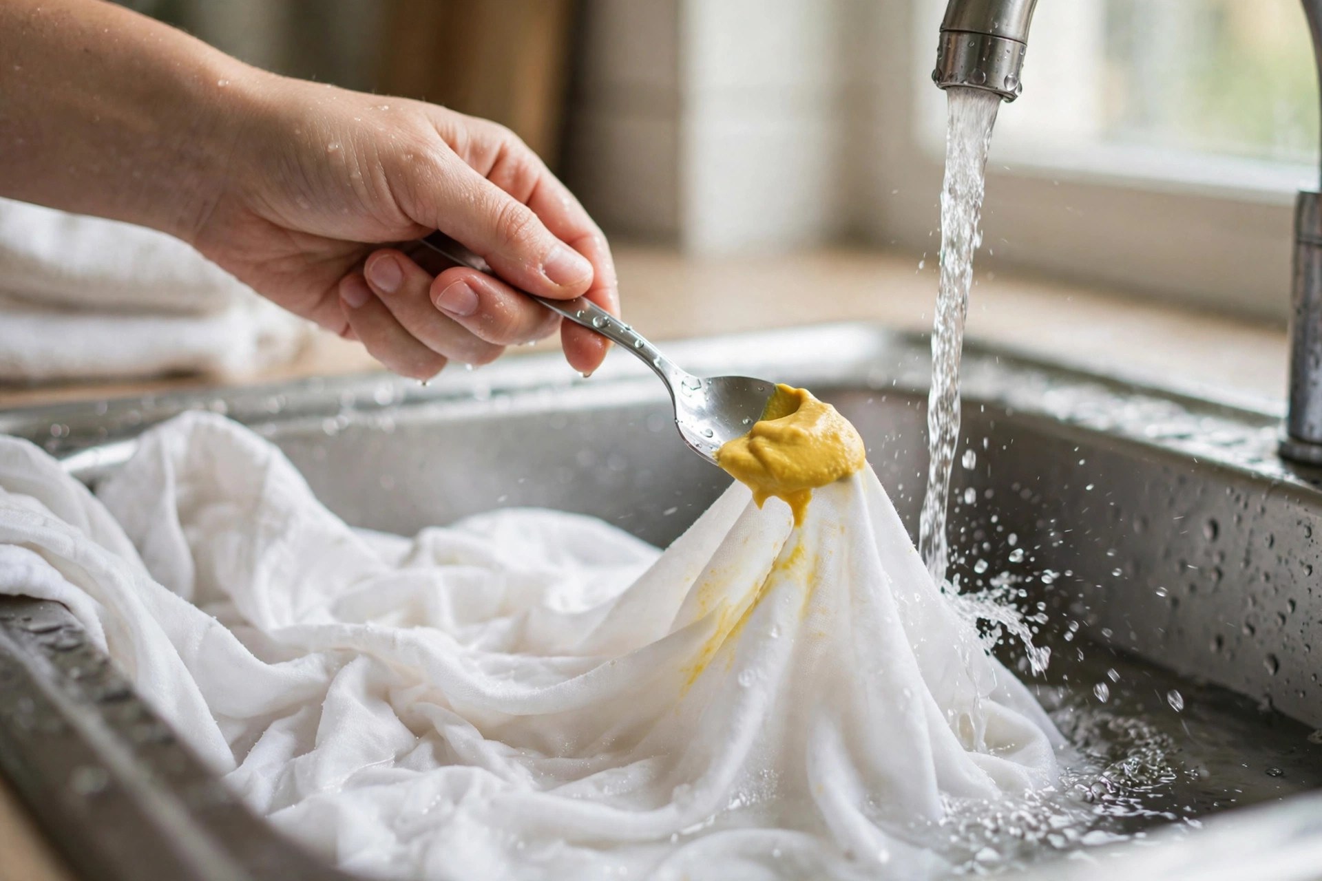 Retirar con una cuchara el exceso de mostaza de una mancha fresca en una camisa blanca antes de enjuagar, primer paso para quitar manchas de mostaza de la ropa