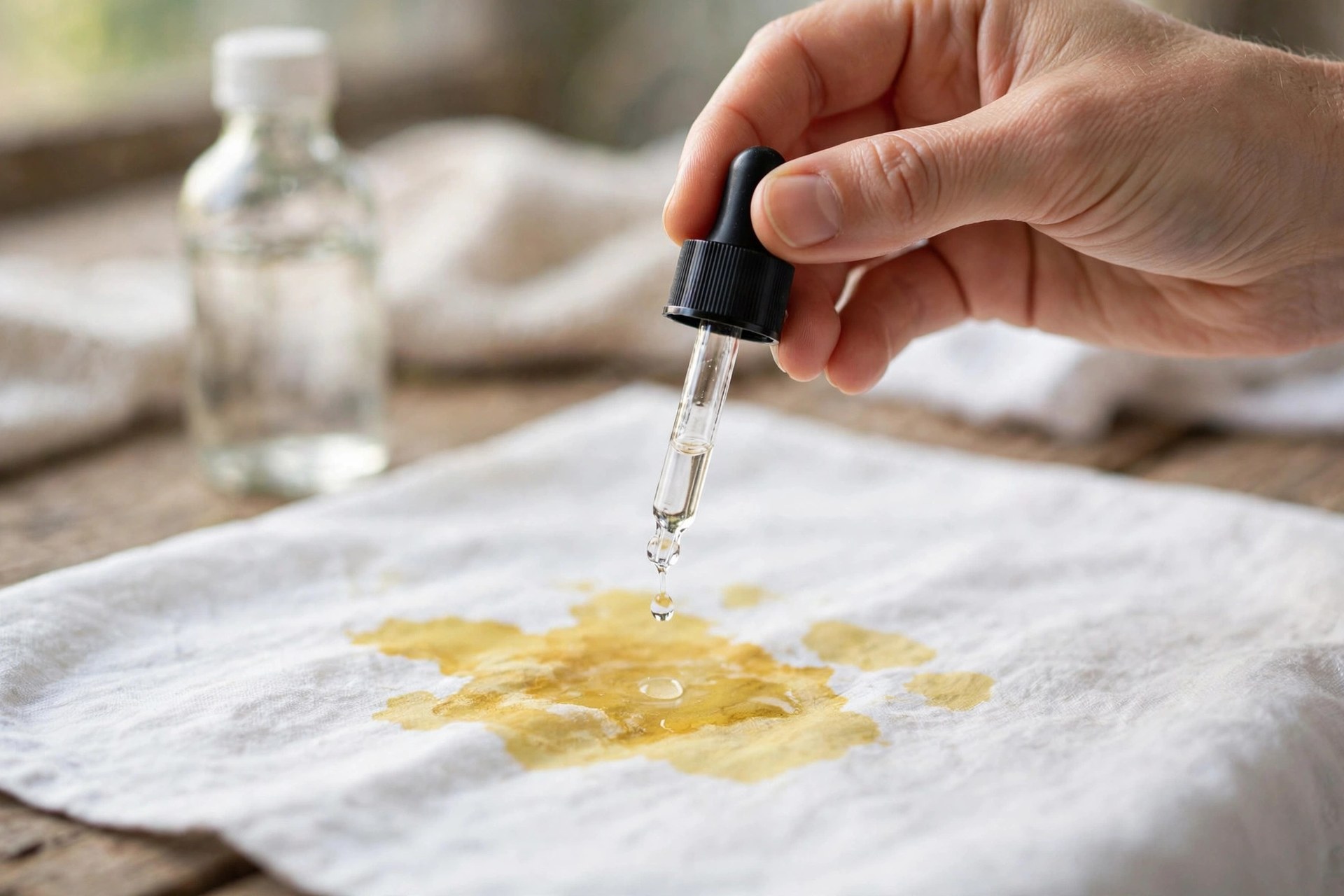 Aplicar glicerina líquida sobre una mancha seca de mostaza en un tejido de algodón para ablandar el pigmento de cúrcuma antes del lavado