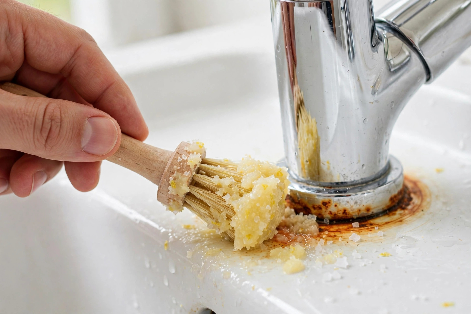 Una mano aplica con un cepillo pequeño una pasta de limón y sal sobre una mancha de óxido anaranjada alrededor de la base del grifo de un lavabo blanco de cerámica.