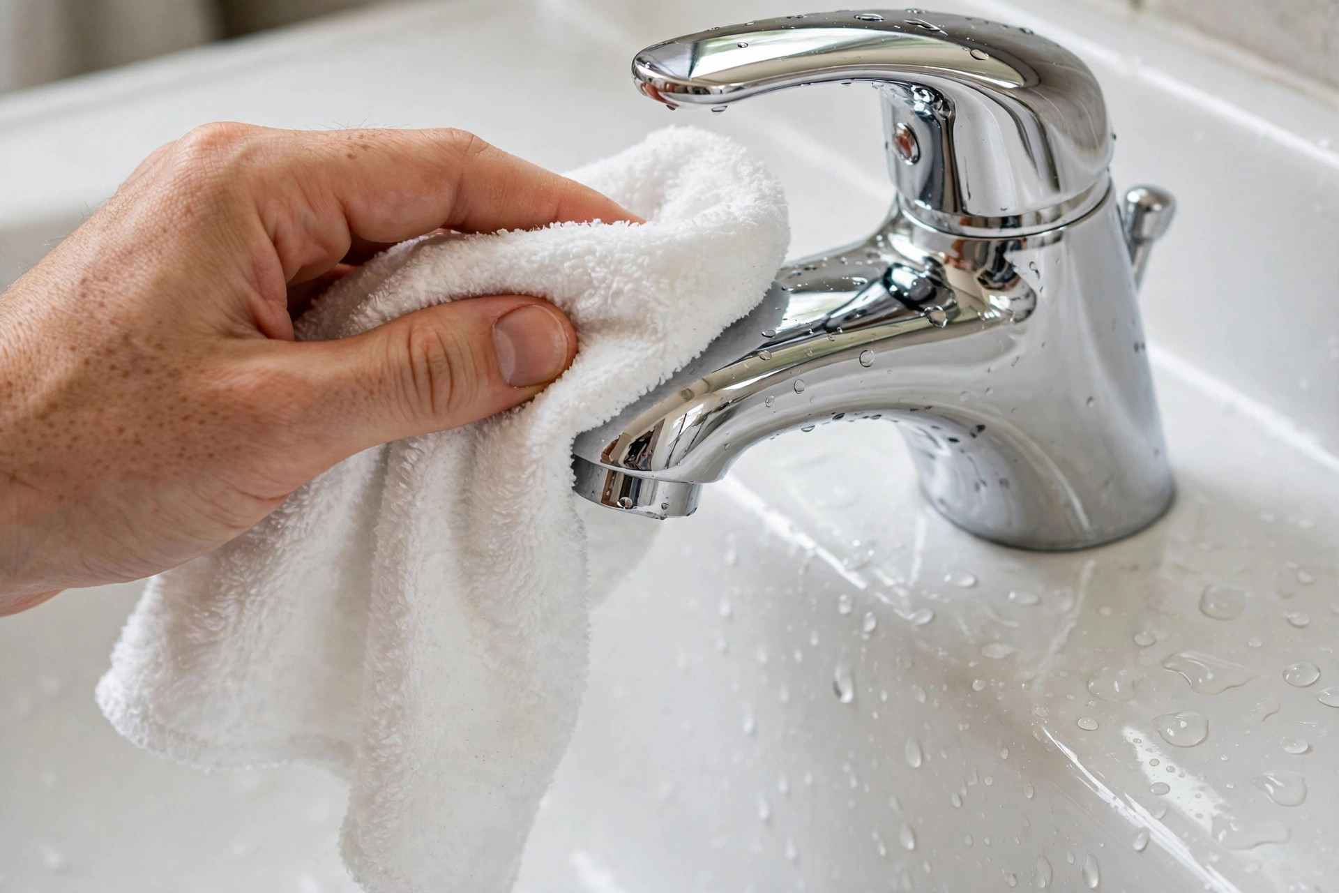 Una mano limpia con un paño suave de microfibra un grifo cromado brillante después de eliminar una mancha de óxido, con gotas de agua alrededor en el lavabo.