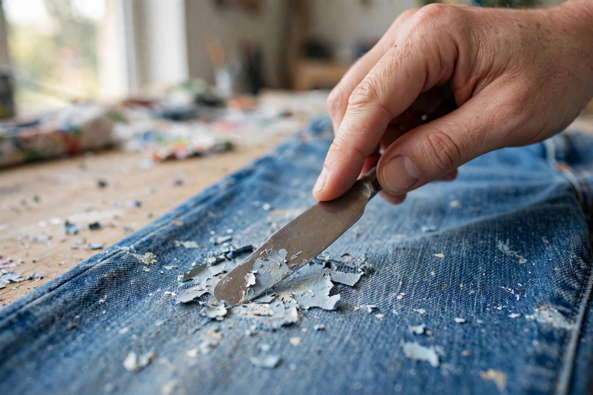 Raspar con cuidado pintura seca de unos vaqueros con un cuchillo sin filo