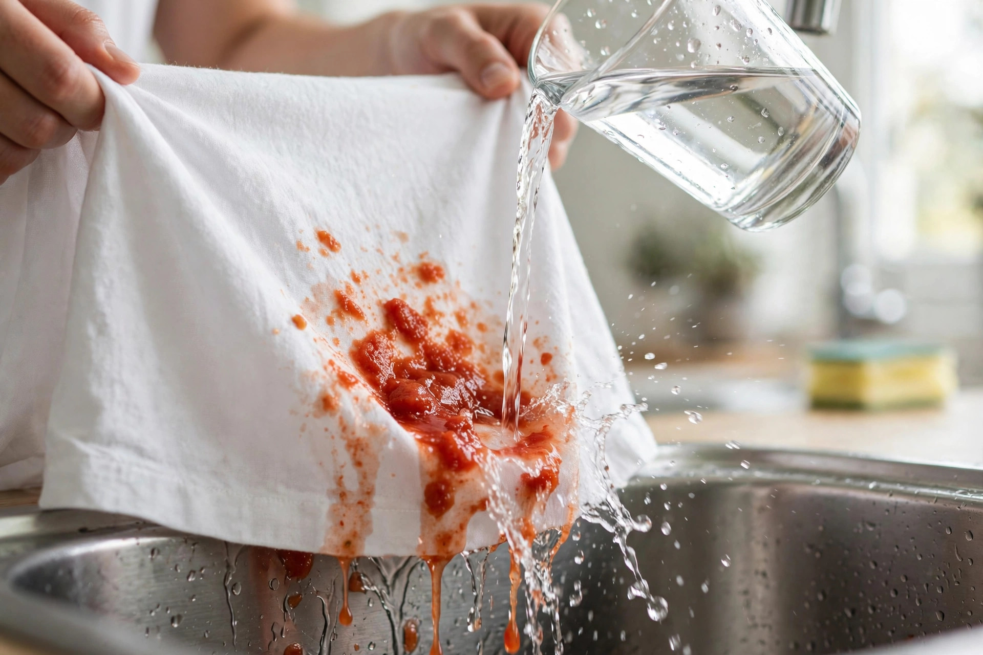 Enjuagar con agua fría una mancha fresca de salsa de tomate en una camisa