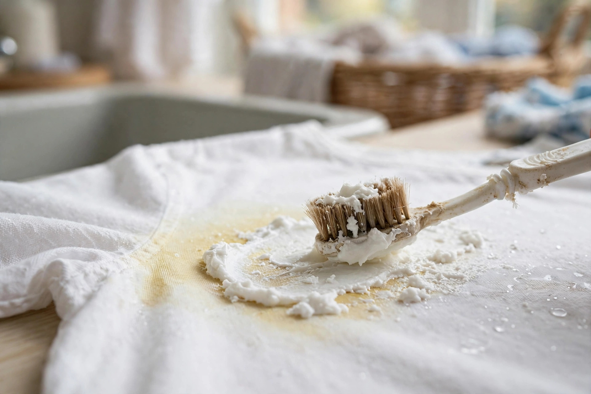 Extender pasta de bicarbonato sobre una mancha de sudor con un cepillo