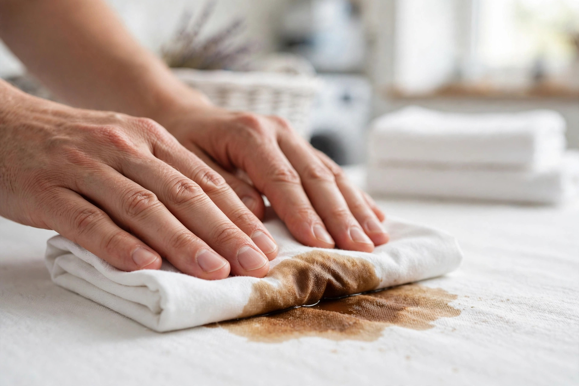 Secar con un paño blanco limpio una mancha fresca de té en la ropa, primer paso para quitar manchas de té de la ropa