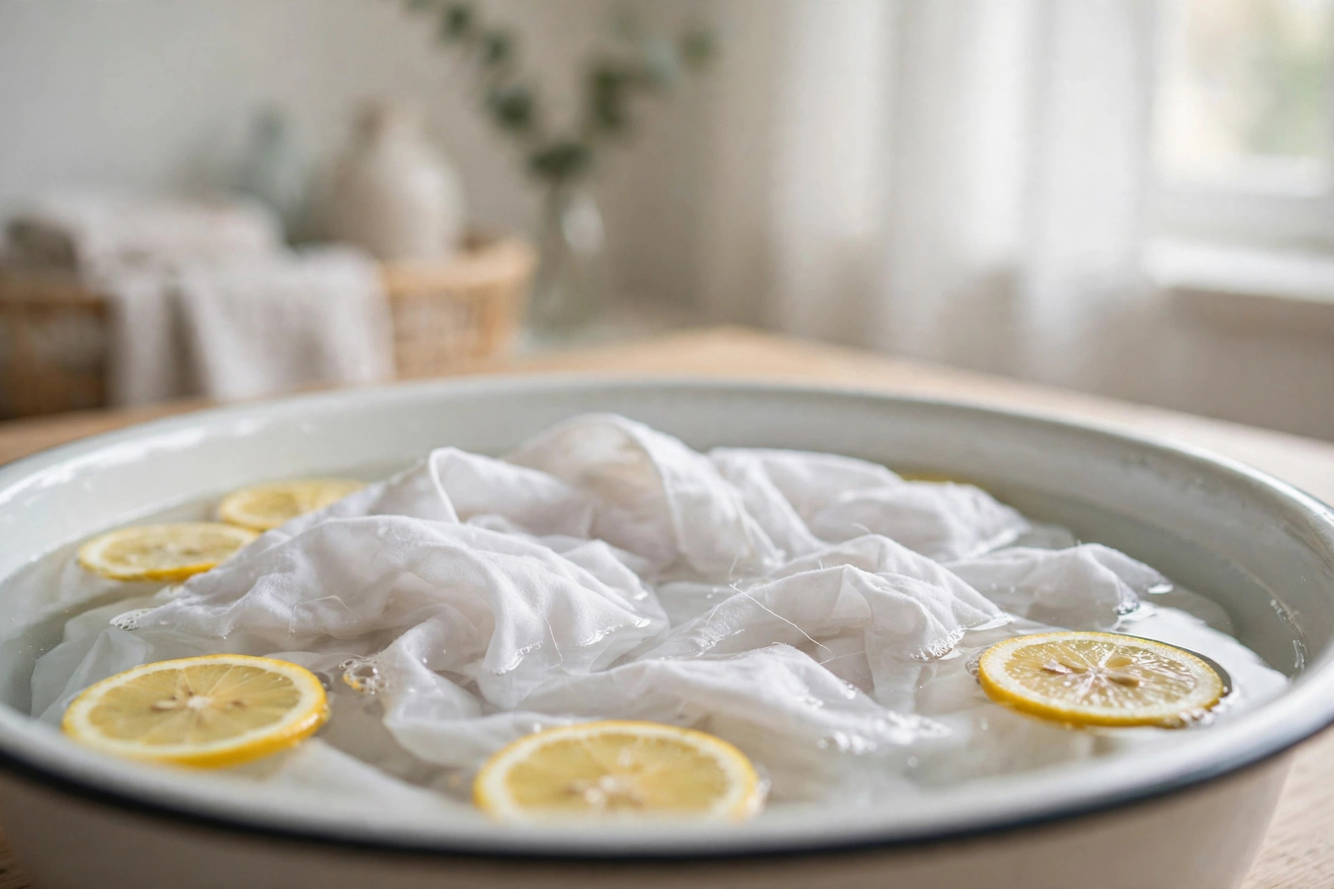 Camisa blanca en remojo con rodajas de limón en un barreño, remedio casero para quitar manchas de té de la ropa