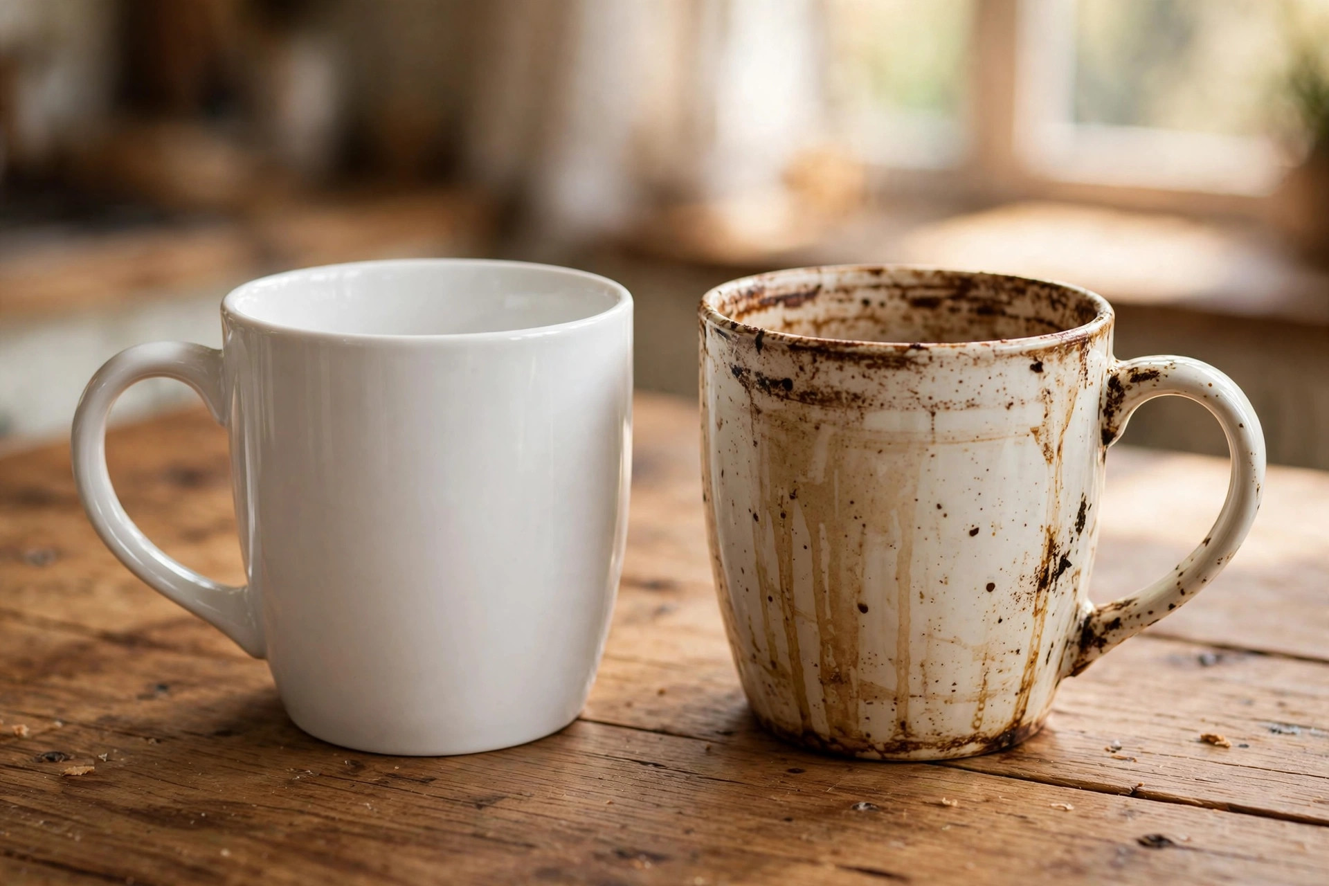 Taza de cerámica blanca limpia y brillante junto a otra taza con manchas marrones de té sobre una mesa de madera