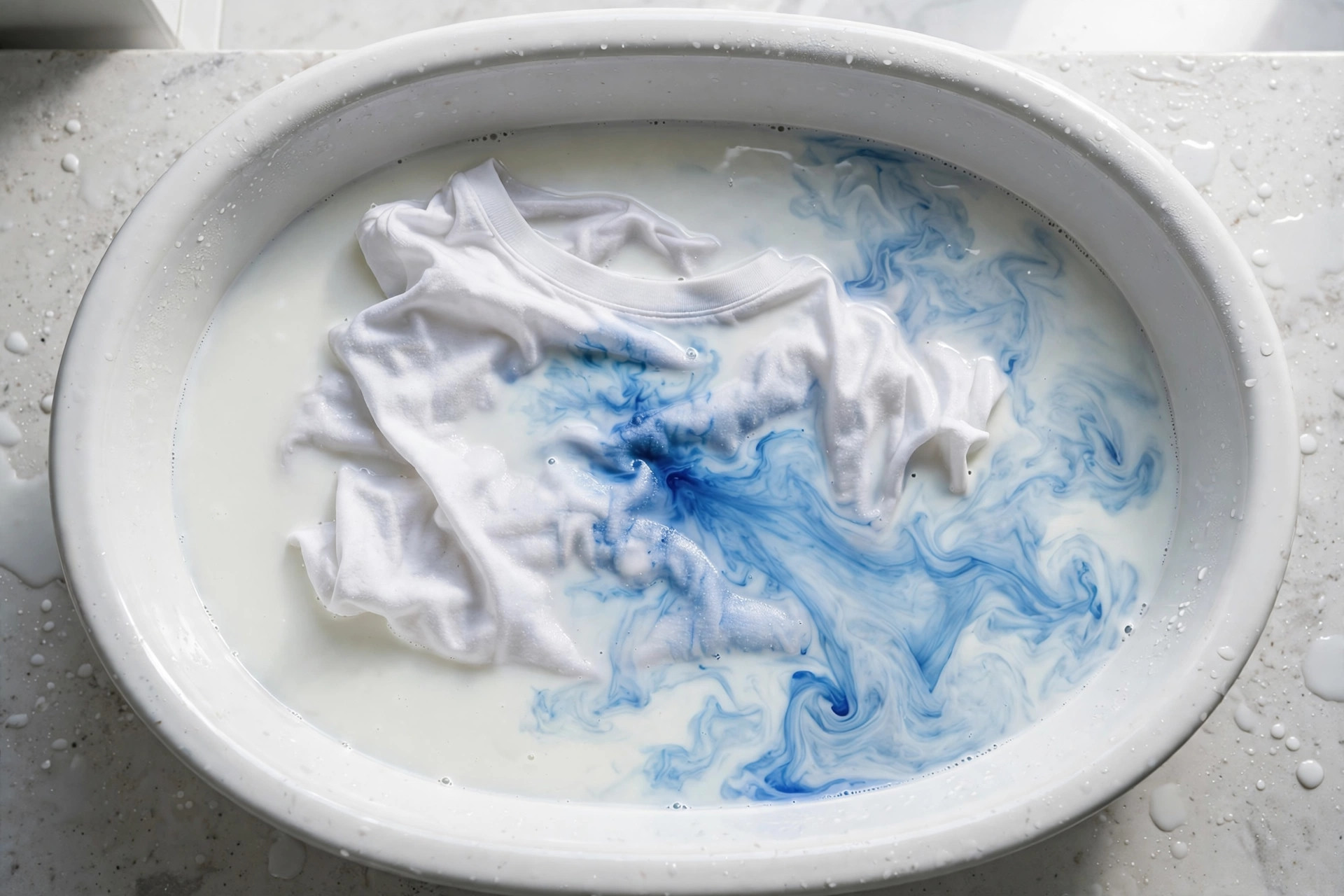 Camisa con mancha de tinta en remojo en un barreño con leche fría