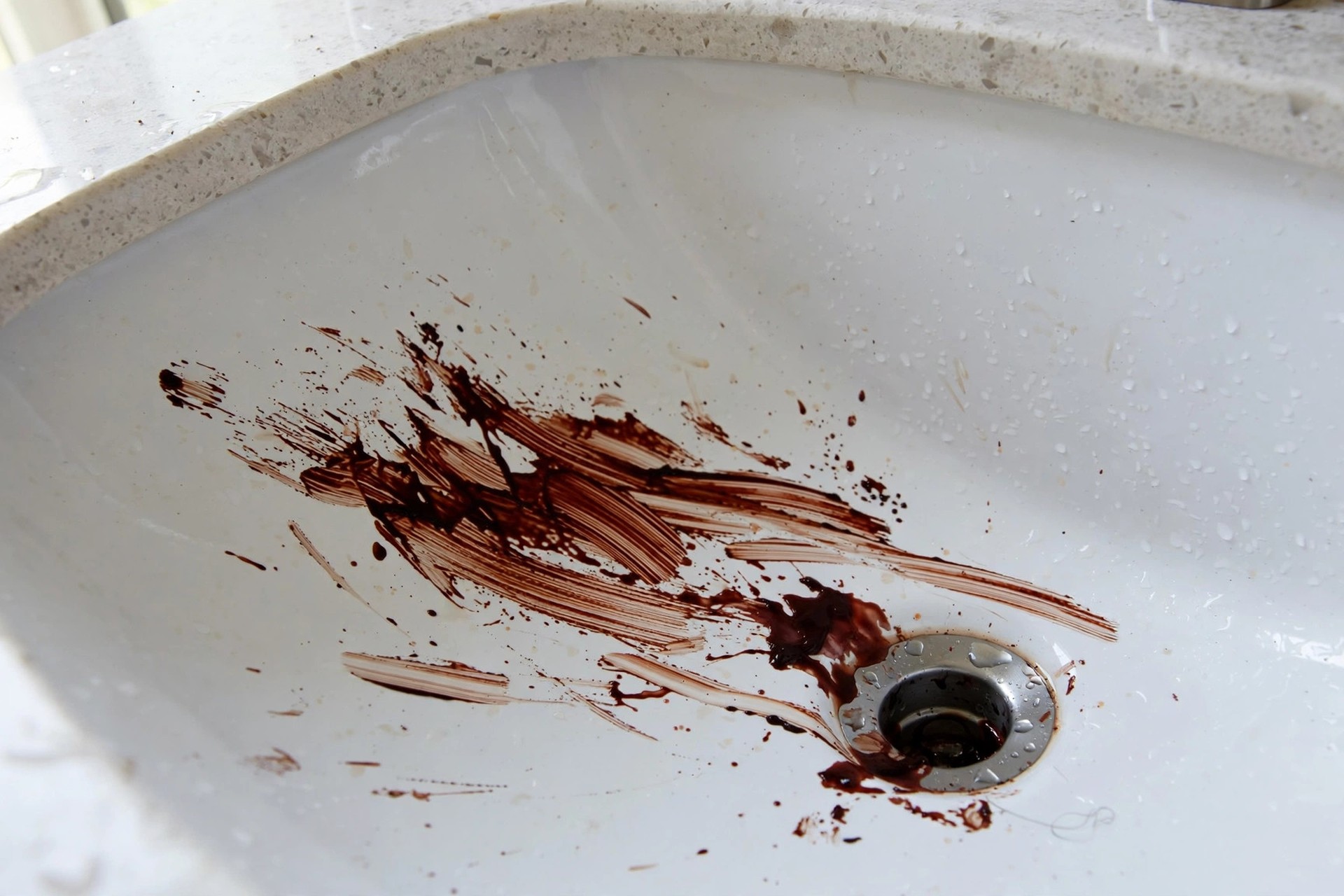 Enjuagar con agua tibia el lavabo después de limpiar la mancha de tinte de pelo hasta dejar la cerámica brillante, técnica para quitar tinte del lavabo