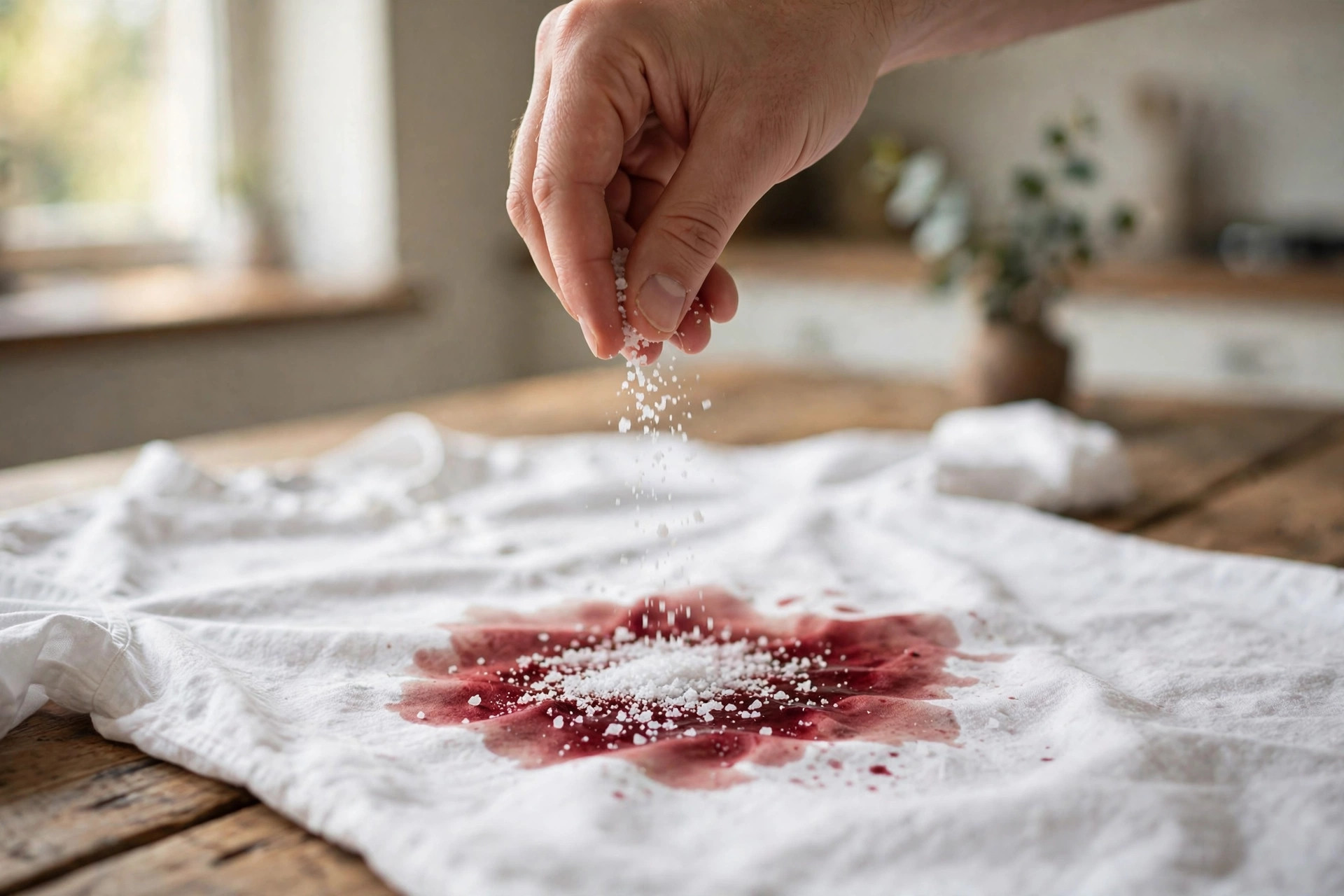 Cubrir una mancha de vino tinto con sal gruesa sobre una camisa blanca