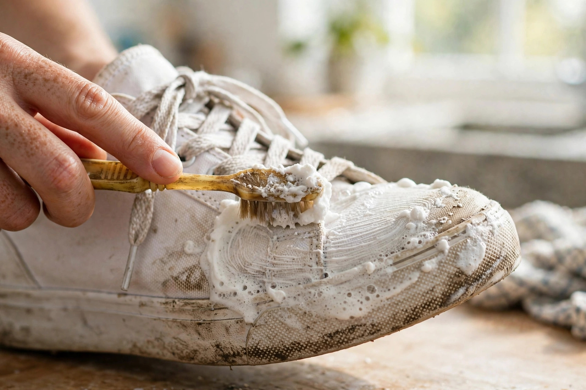 Frotar una zapatilla blanca con un cepillo de dientes y pasta de bicarbonato