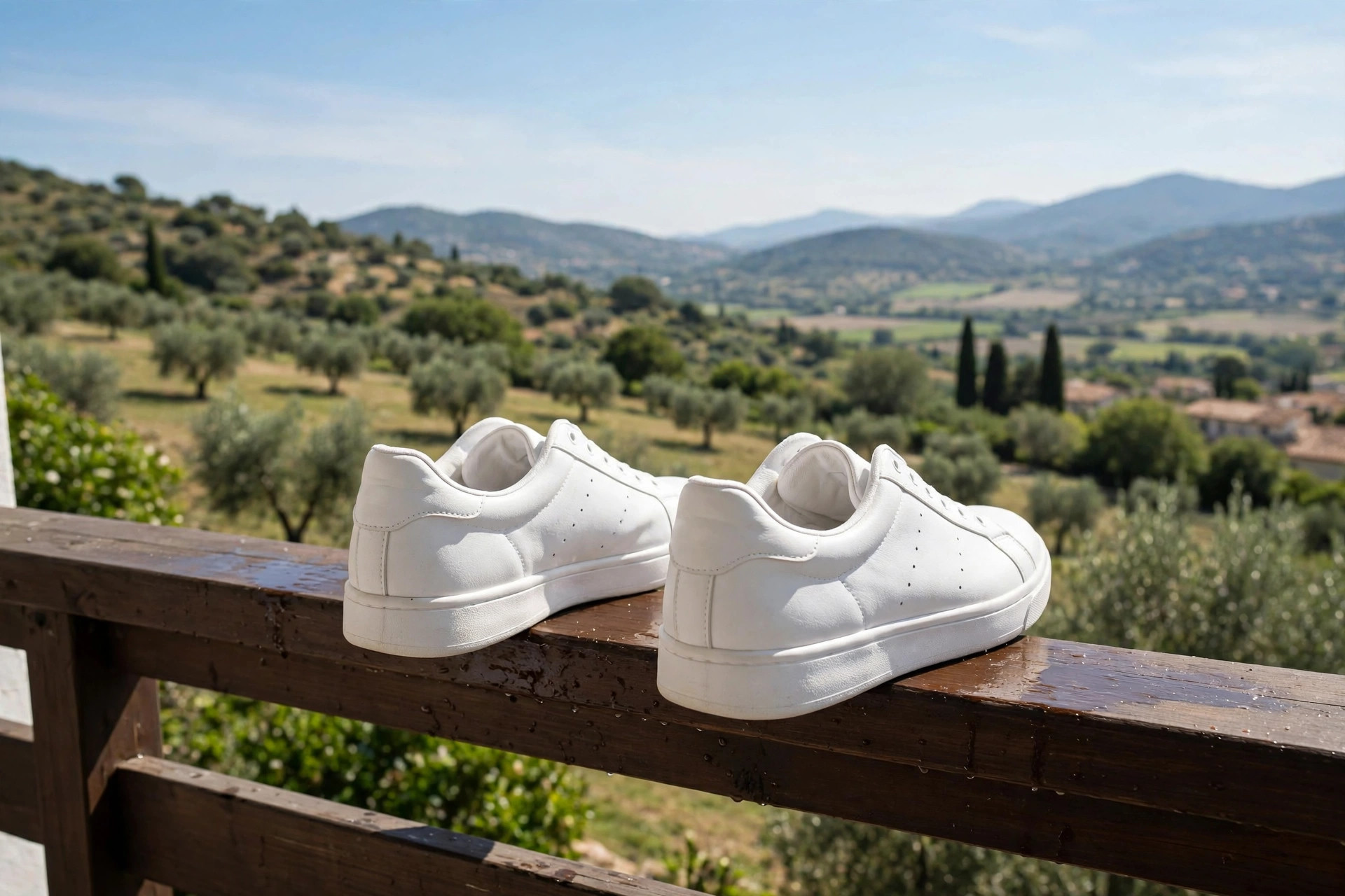 Zapatillas blancas limpias secándose al sol en una barandilla