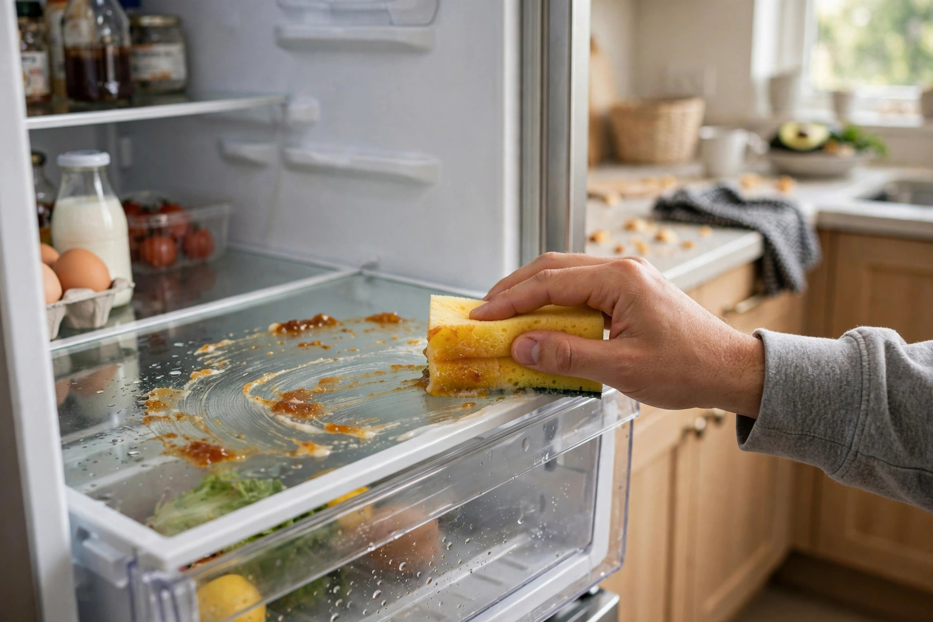 Limpiar un estante de vidrio del refrigerador con esponja