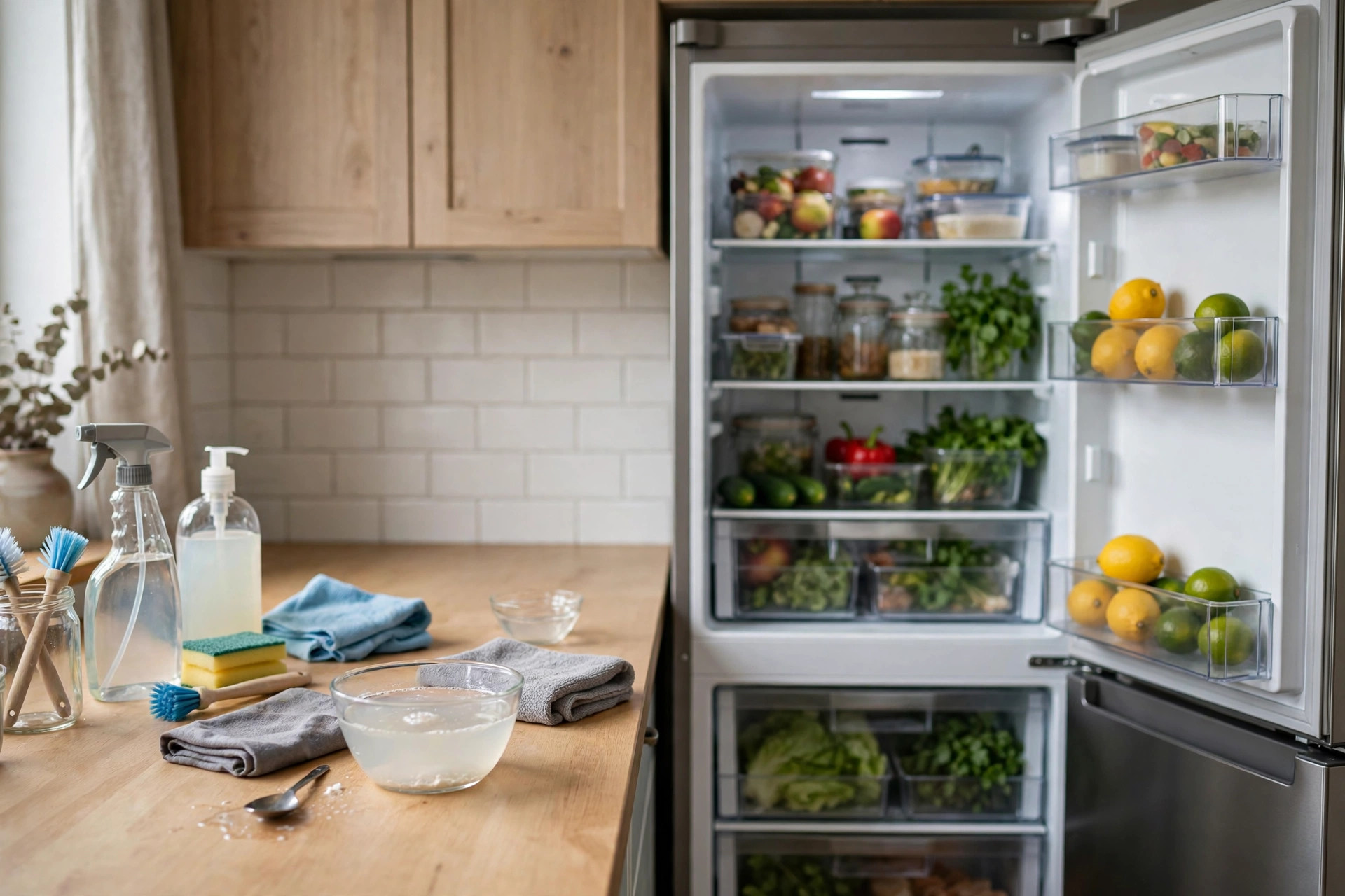 Bol con bicarbonato disuelto en agua para limpiar el refrigerador