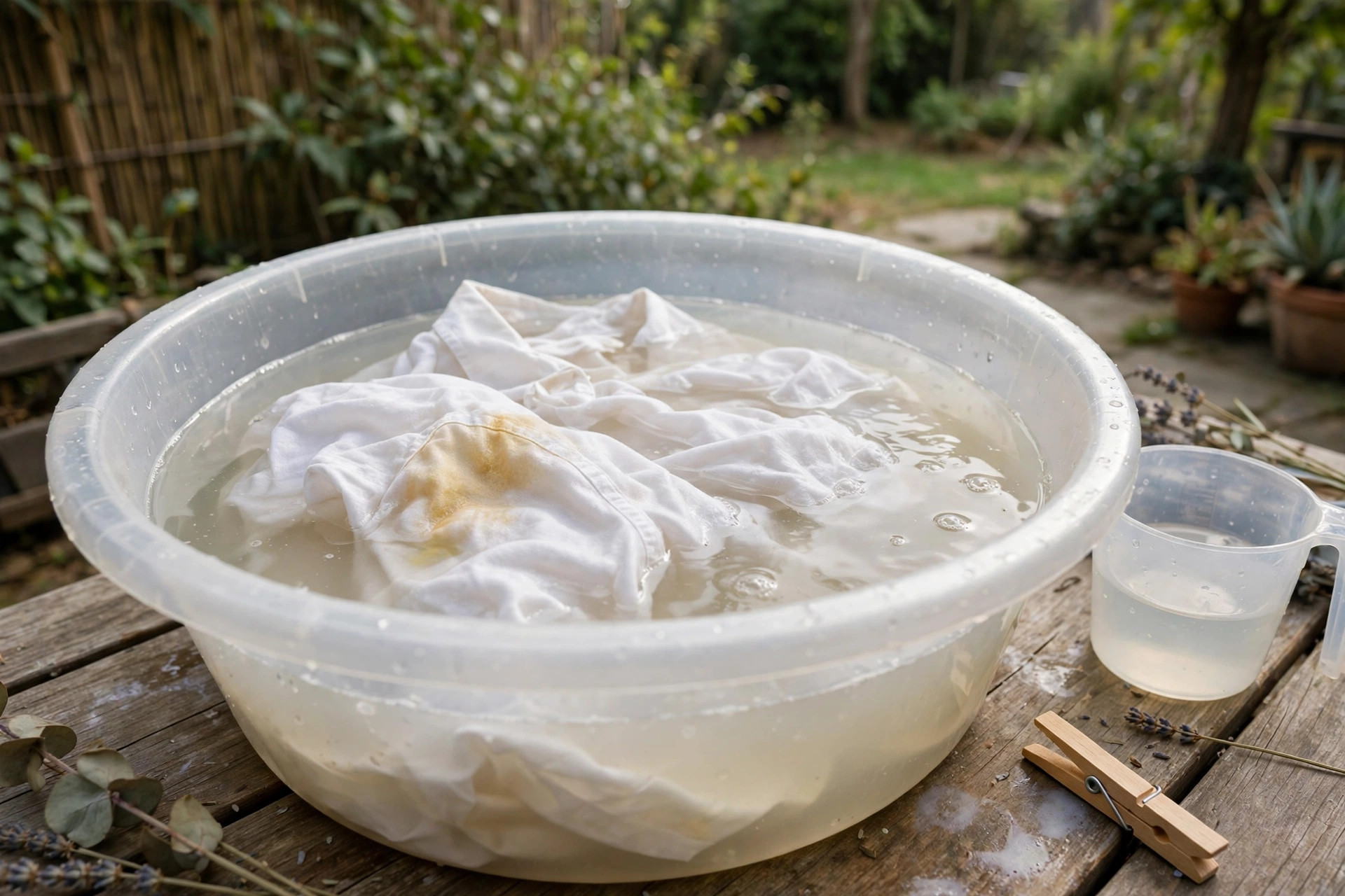 Remojar una camisa con una mancha vieja en un barreño con agua y vinagre