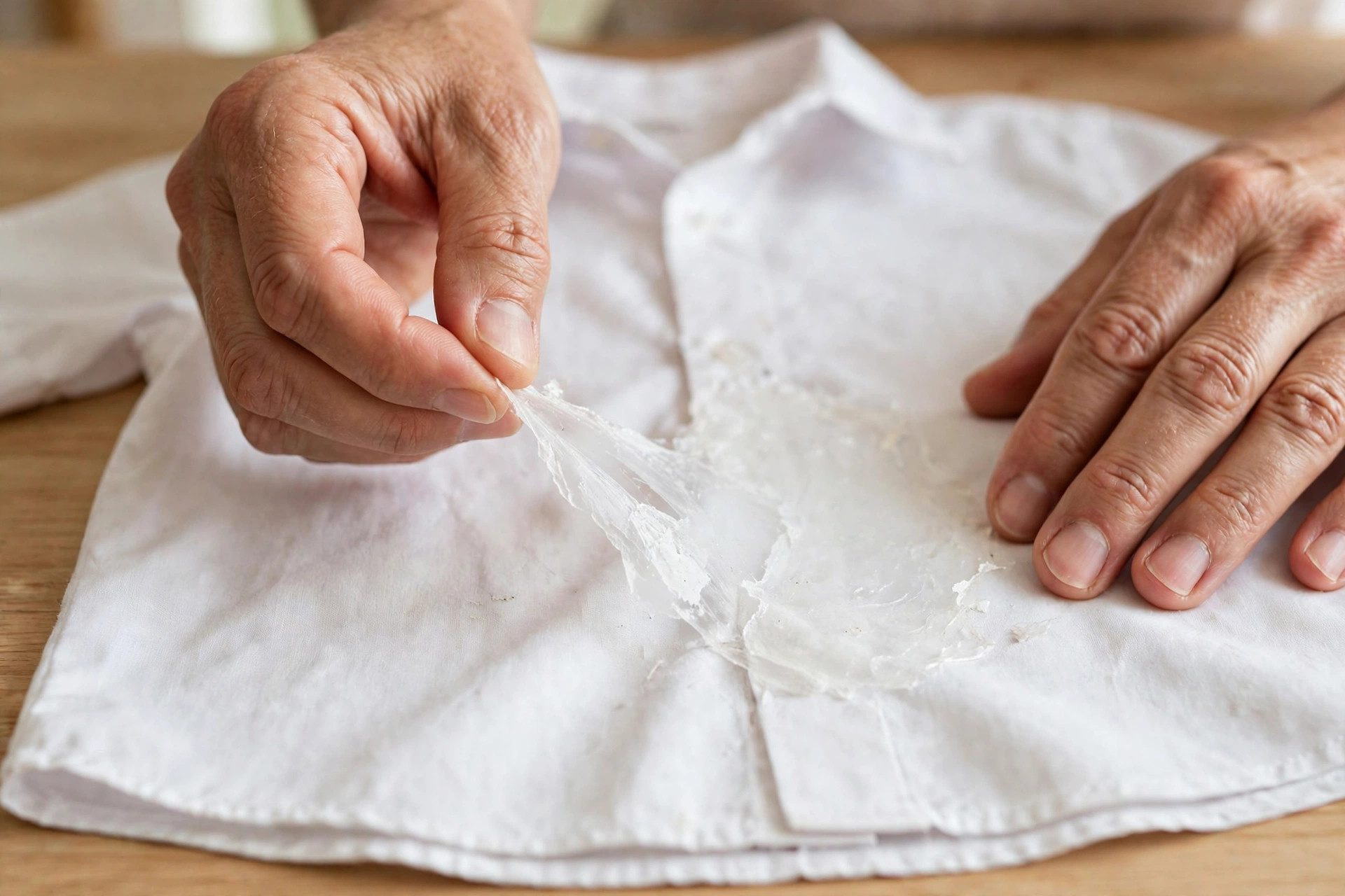 Manos de un adulto despegando con cuidado una capa de pegamento blanco seco de la camisa escolar blanca de un niño sobre una mesa de madera.