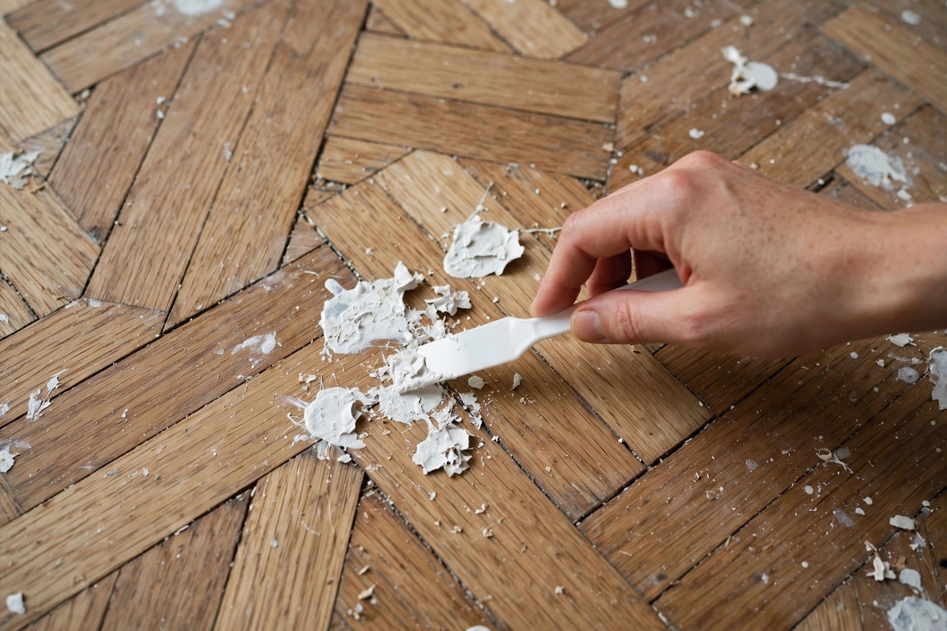 Mano raspando gotas de pintura seca de un suelo de parquet con una espátula de plástico
