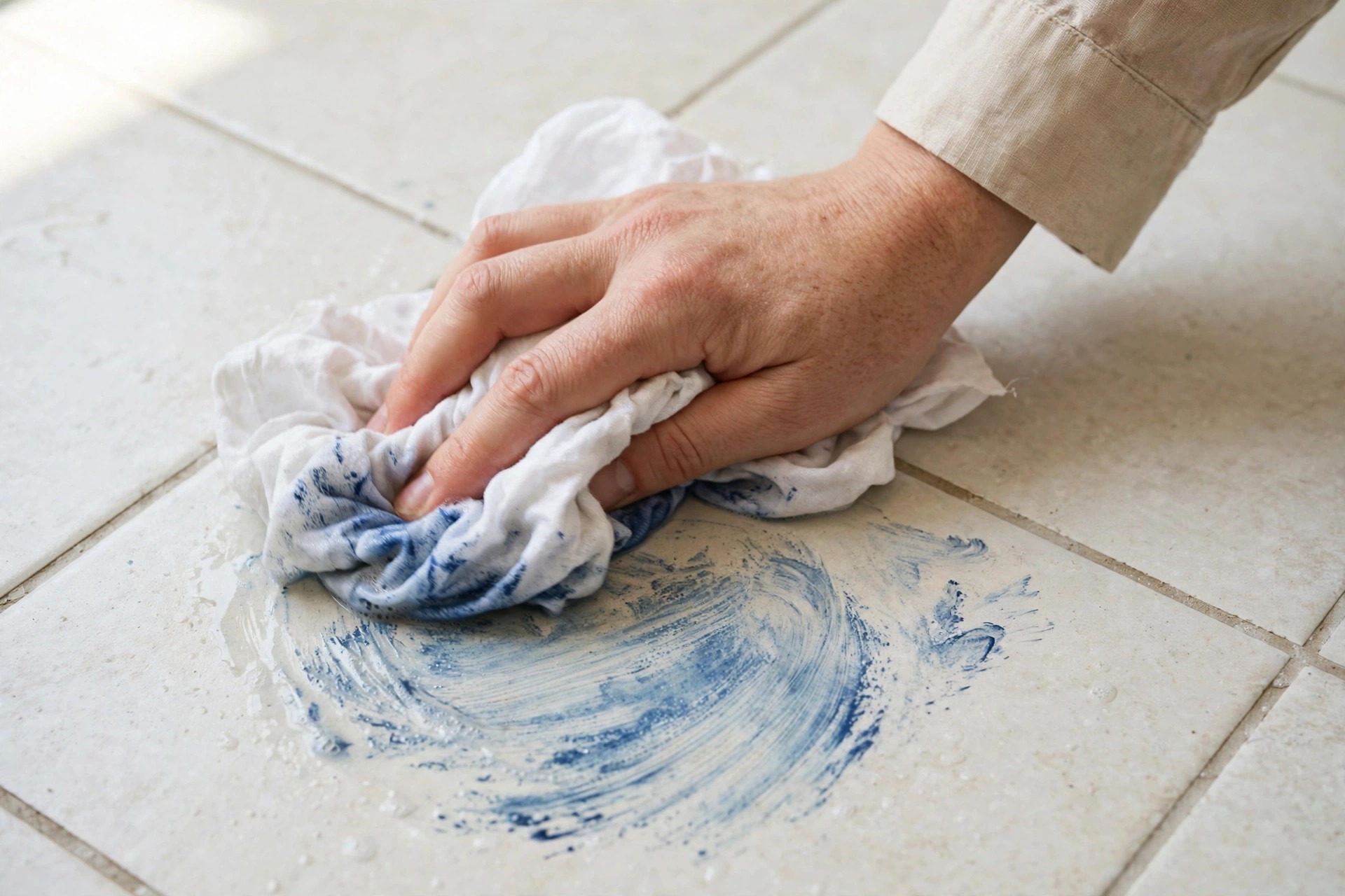 Mano aplicando disolvente con un paño sobre una mancha de pintura en un suelo de baldosas