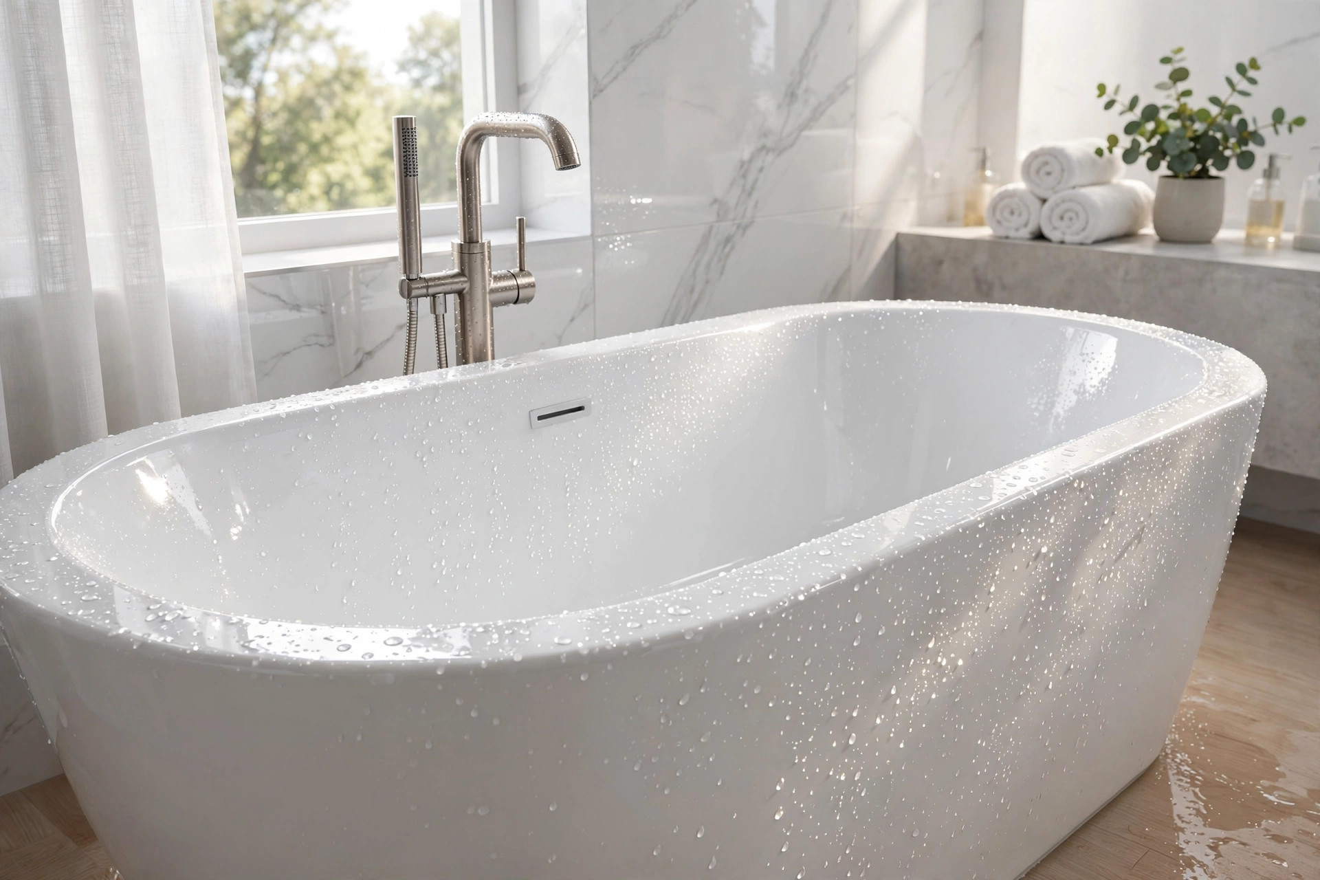 Bañera blanca completamente limpia y brillante tras eliminar los restos de jabón