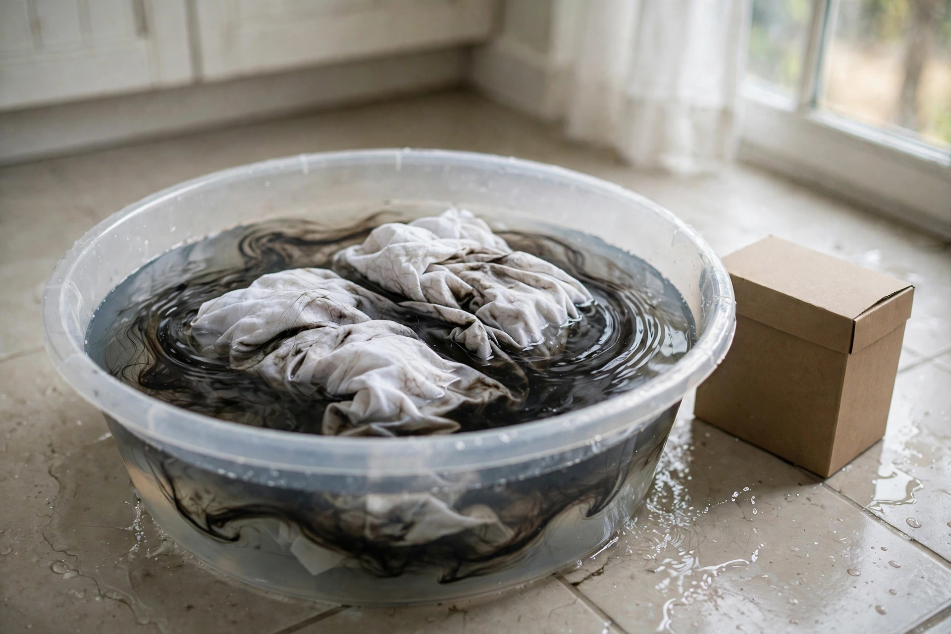 Prenda manchada con tinte de pelo remojándose en un barreño con agua y oxígeno activo, método para eliminar manchas de tinte secas de la ropa
