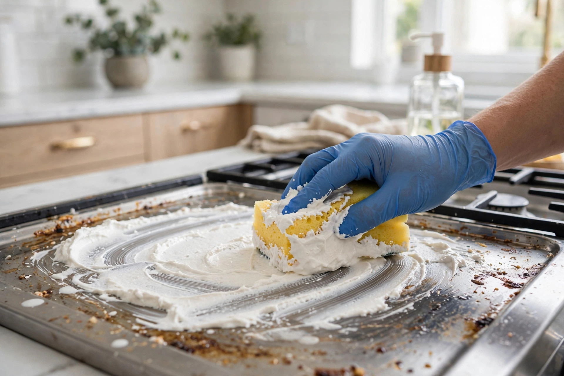 Aplicar pasta de bicarbonato sobre la grasa pegada de la cocina