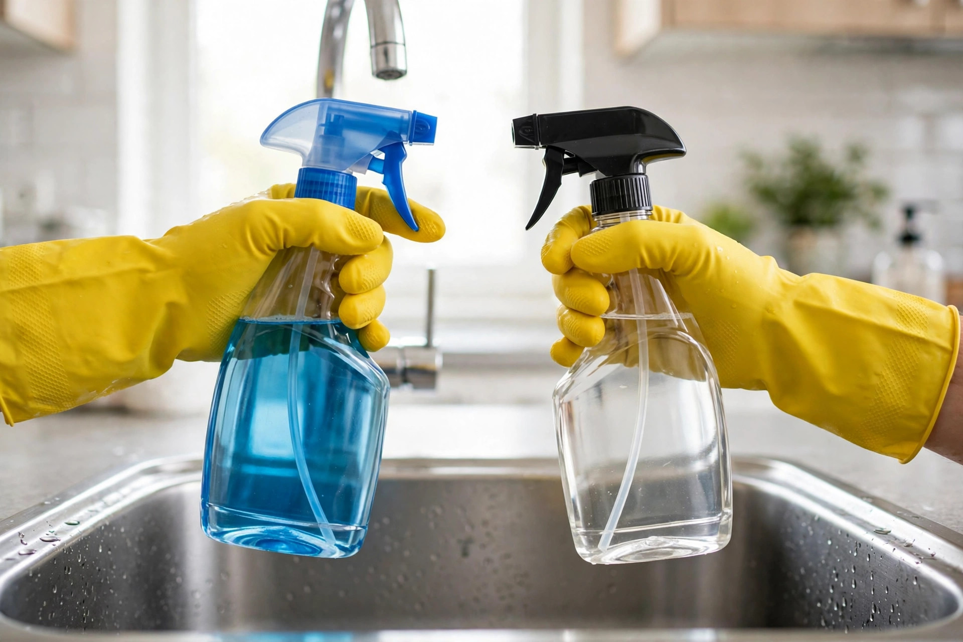 Manos con guantes amarillos separando dos pulverizadores de limpieza distintos para no mezclar productos peligrosos