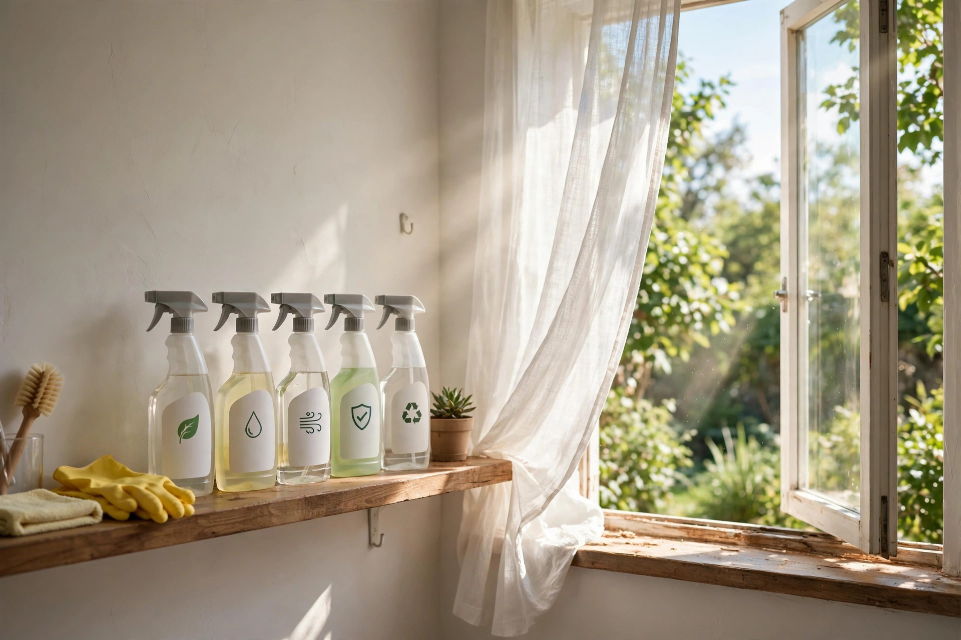 Habitación bien ventilada con la ventana abierta y botellas de limpieza seguras y etiquetadas en un estante