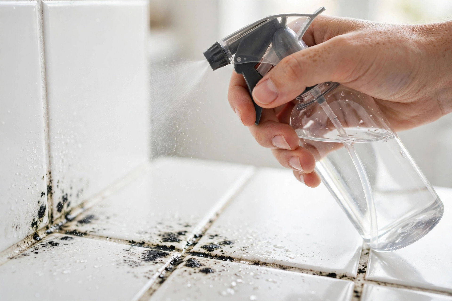 Pulverizar vinagre sobre el moho de las juntas del baño