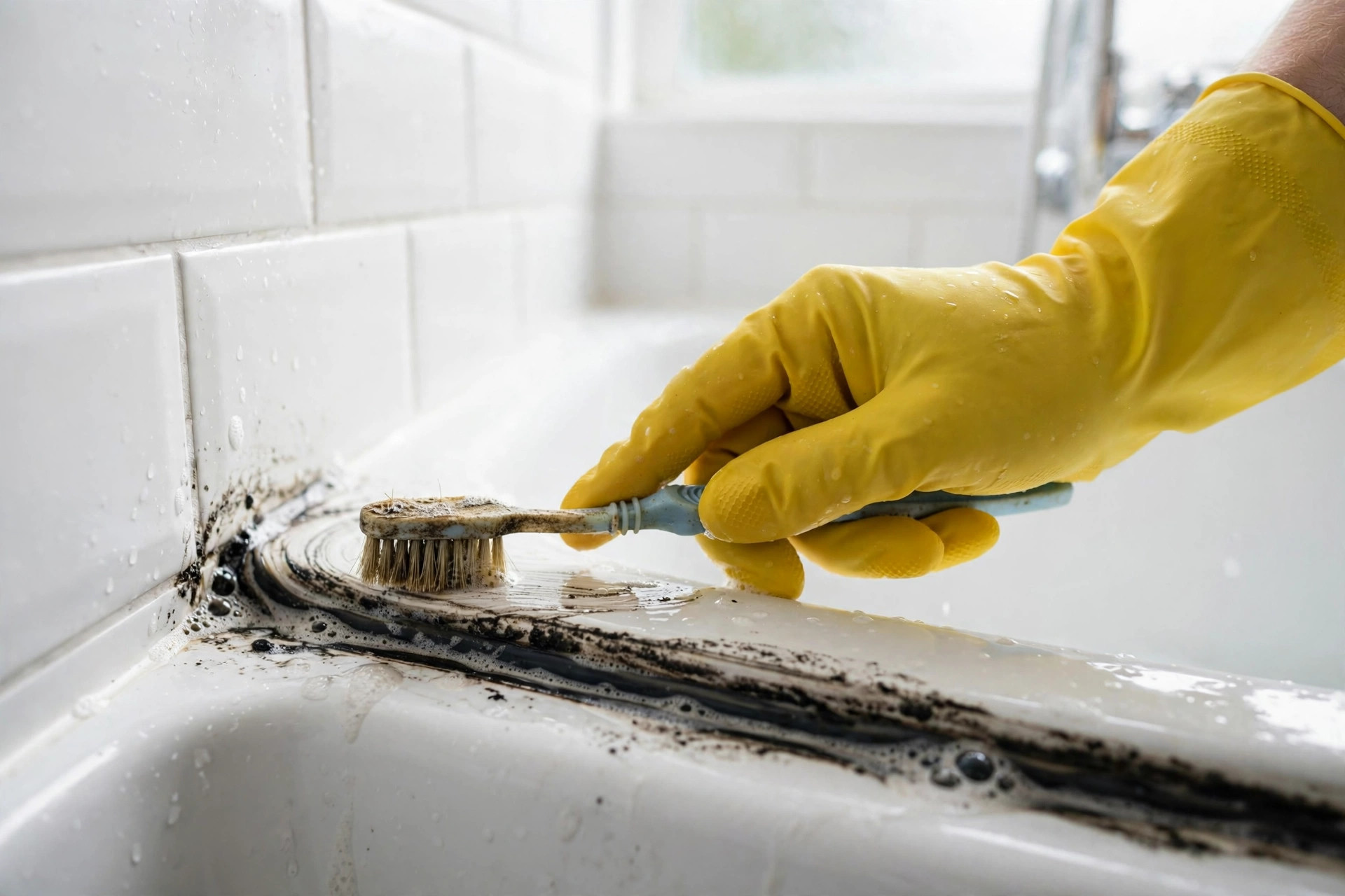 Frotar la silicona ennegrecida del baño con un cepillo