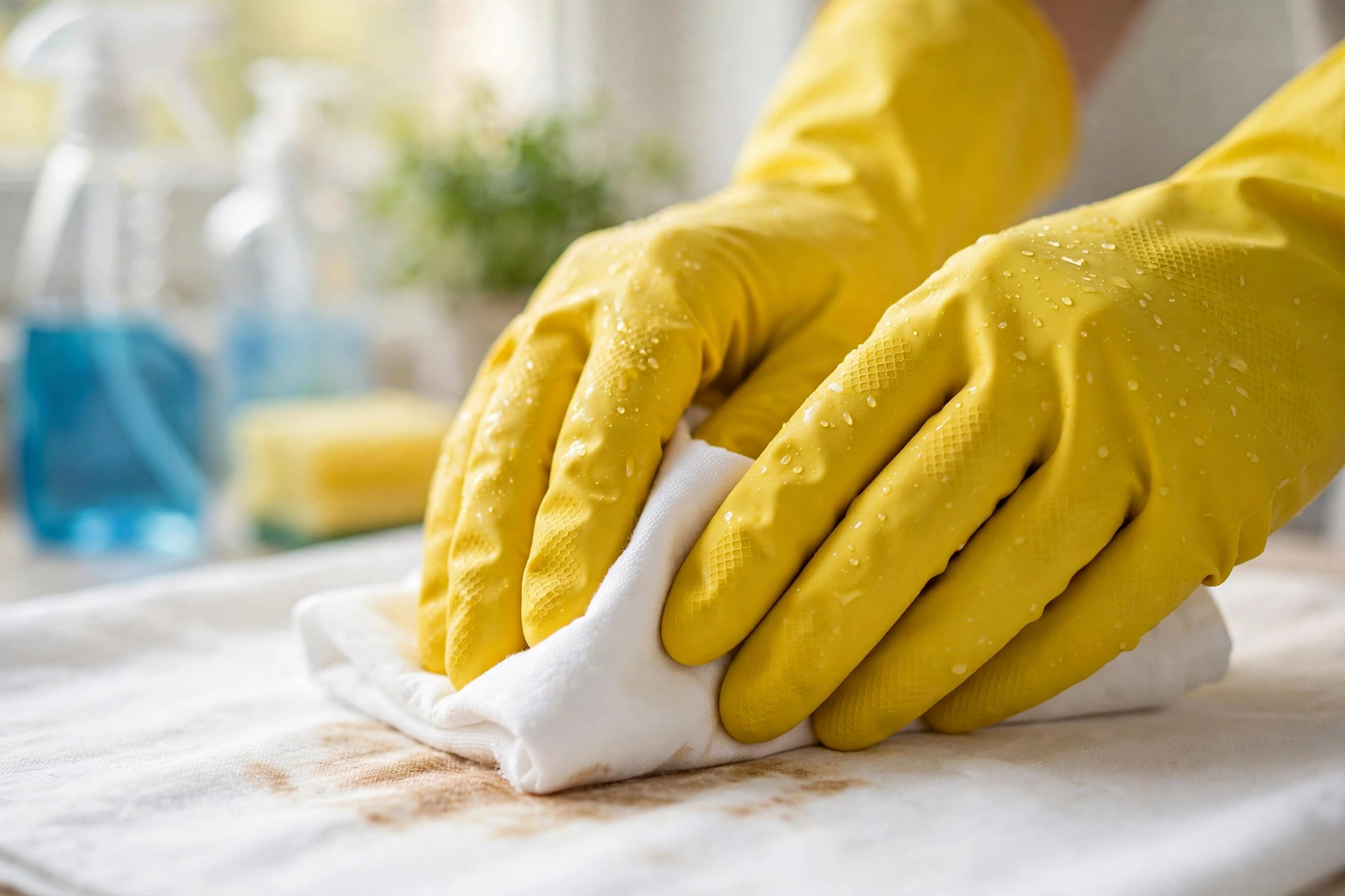 Manos con guantes presionando un paño sobre una mancha en tela blanca