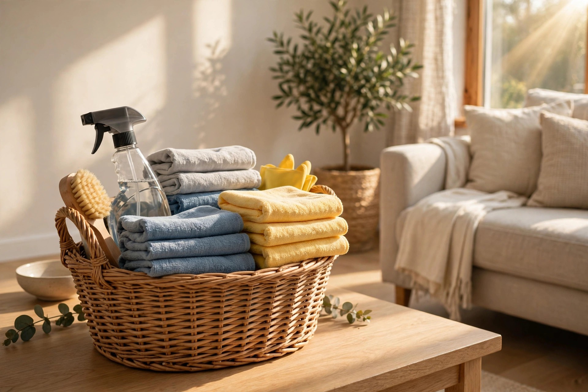 Cesta con productos de limpieza y paños de microfibra en un salón ordenado como parte de una rutina de limpieza semanal para la casa